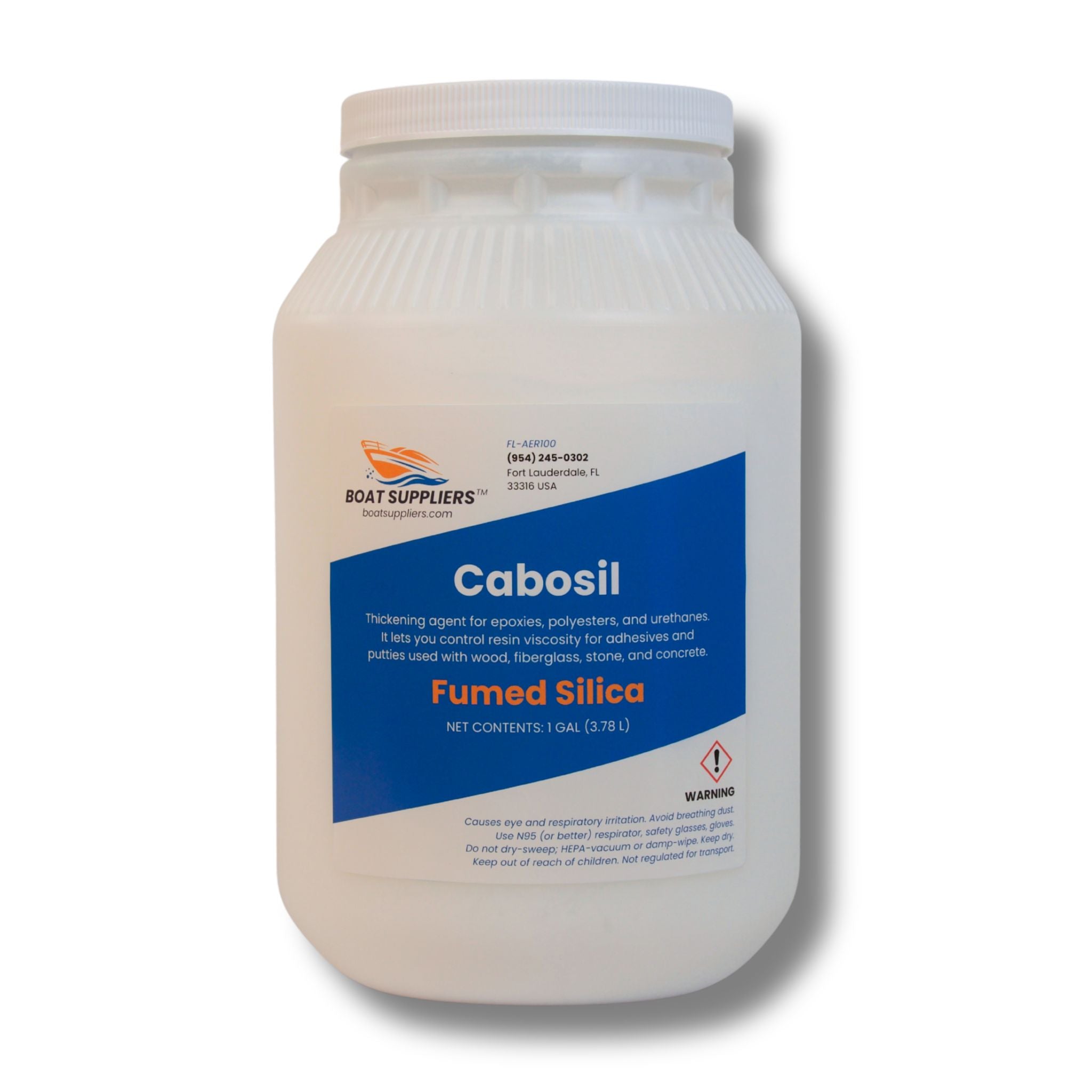 Boat Suppliers 1 gallon jar of Cabosil fumed silica thickener with blue label, net contents 1 gallon (3.78 L).